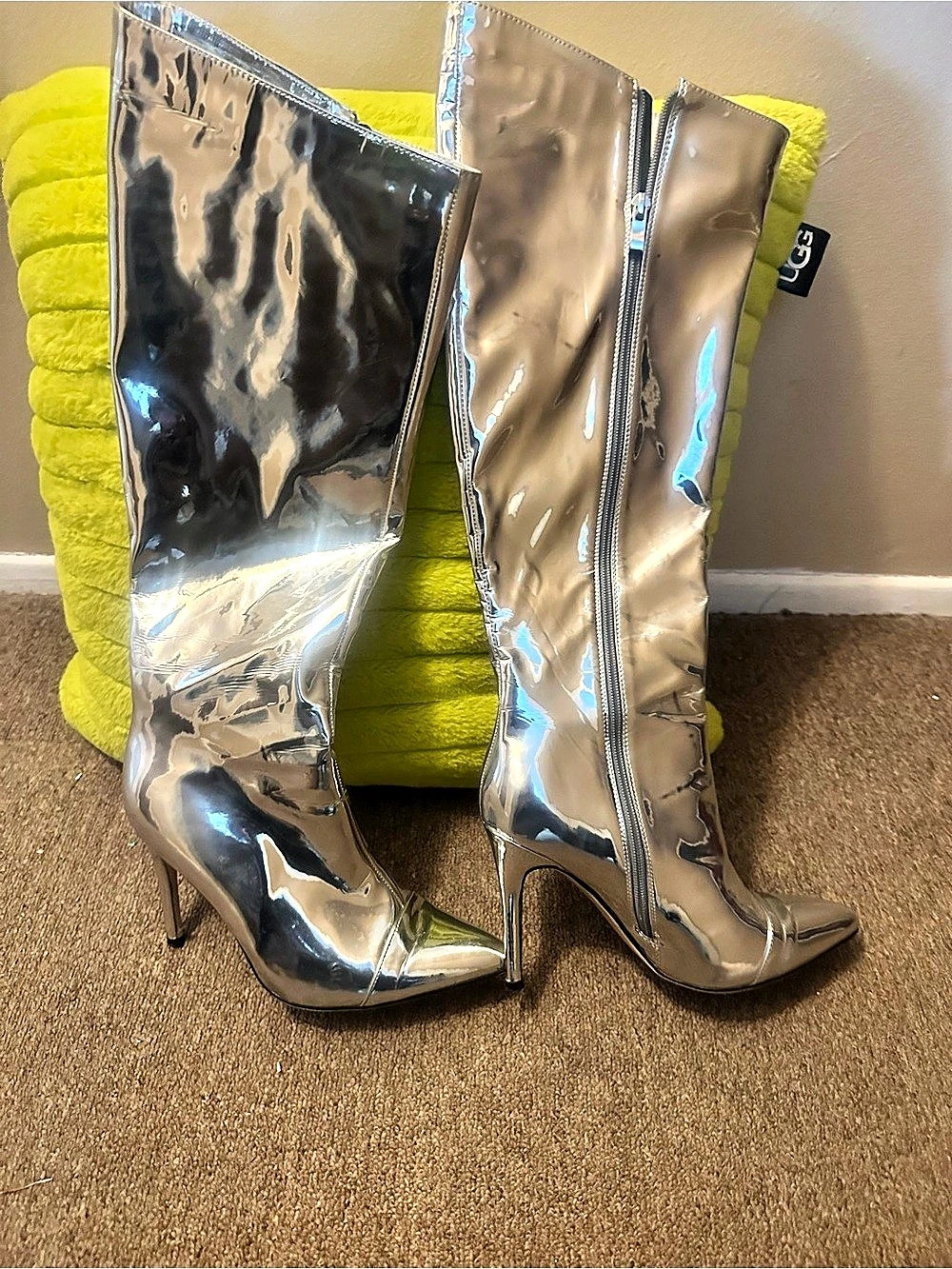 Metallic Silver -Knee High Heeled Boots Size 8